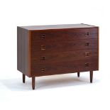 A 1960's Danish rosewood chest of four drawers, each with a moulded handle, on later beech legs, w.