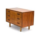A G-Plan Fresco teak chest of three long drawers on later turned beech legs, w.
