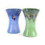 Two Monart Glass vases with flared rims, green and blue grounds and dotted bands, h.