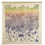 Judy Evans, a textile wall hanging printed with figures in a landscape, blue-to-green,