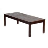 A stained teak tile topped coffee table on square legs, w.