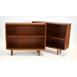 A pair of Danish teak open bookcases on tapering legs by Sejling Skabe, labels verso, w.