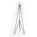 A 1960's tubular tripod floor lamp with a brass cap, bearing a 'S' sticker, presumably Swedish, h.