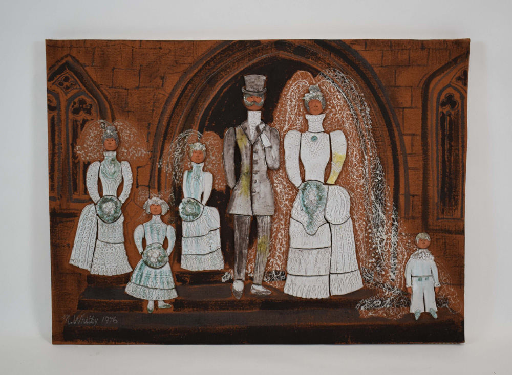 Marie Whitby, A marriage scene, signed and dated 1976, ceramics on textiles,