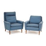 A pair of Danish high and lowback armchairs upholstered in kingfisher blue *Sold subject to our