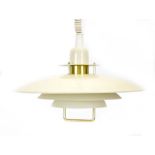 A Danish cream enamelled four-tier ceiling light with a brass handle in the manner of Louis Poulsen