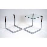 A pair of 1970/80's glass side tables with chromed slab frames CONDITION REPORT: One