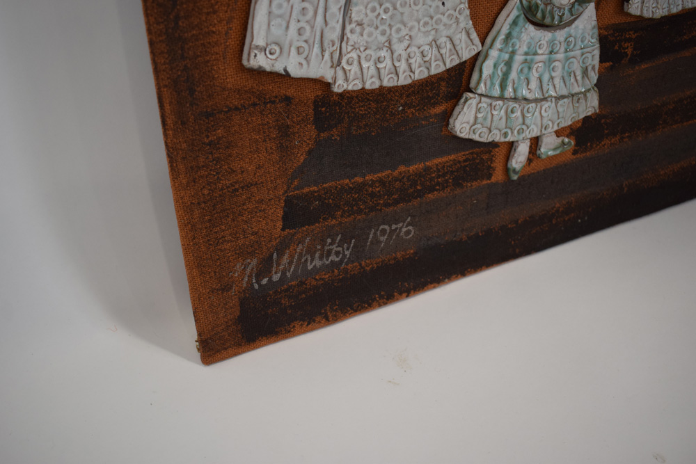 Marie Whitby, A marriage scene, signed and dated 1976, ceramics on textiles, - Image 2 of 2