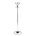 A late 20th century aluminium coat and hat stand with four black spherical hooks
