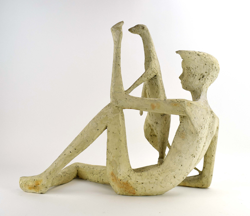 A plaster sculpture modelled as a reclining boy and a meercat, h. - Image 3 of 5