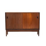 A 1970's teak cabinet with a pair of sliding doors on square legs, w.