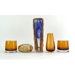 A solid-glass cubist sculpture set with wiggly metal strips, h.
