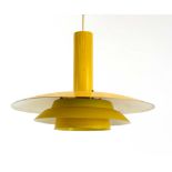 A 1970's Danish yellow enamelled three-tier ceiling light with a cylindrical shaft