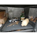 Cage containing a foot warmer, 3 sword shaped letter openers, model car, 2 demijohn's and sherry