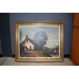 (8) Modern oil on canvas depicting farmstead Surface scratches