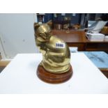 Brass model of seated cat on wooden plinth base