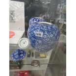 Pair of pumpkin shaped blue & white lidded pots Both lids damaged