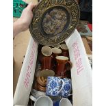 Box containing Denby and blue & white crockery, plus a brass tray and a quantity of books, to