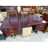 1980s large rosewood effect twin pedestal desk of 5 drawers on chrome end supports In need of