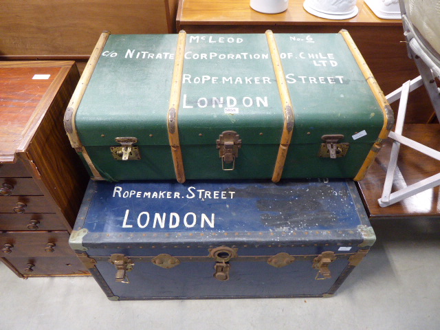 Blue metal banded flat top cabin trunk and similar green and wooden banded trunk In need of