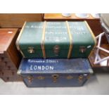 Blue metal banded flat top cabin trunk and similar green and wooden banded trunk In need of