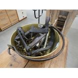 Brass preserve pan, plus a quantity of Snaffles, spurs and stirrups