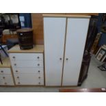 Oak finish and cream bedroom suite comprising wardrobe, chest of 5 drawers and pair of bedside