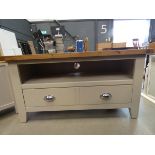 5114 - (55) Grey painted oak TV audio cabinet with large single drawer under