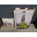 Stack of modern prints on canvas incl. Big Ben, New York skyline, Venice and others