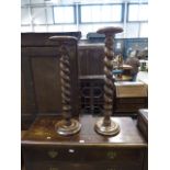 2 stained beech barley twist torchere stands