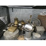 Cage containing stainless steel, silver plate, brassware, to include: candlesticks, kettles, plus