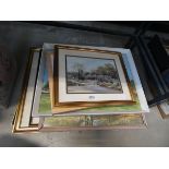 Quantity of prints and paintings, to include: country church, farming scene, embroidery of The