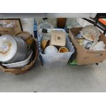 6 boxes and a basket containing meat platters, glassware, dinner plates, general crockery, china and