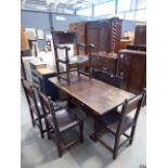 Dark oak refectory style dining table and 6 rexine upholstered chairs incl. 1 carver