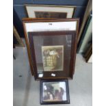 Stack of pictures and prints incl. photograph of wedding group, engraving of stable interior and