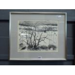 Framed and glazed dry point etching by Joan Bates, entitled, 'White Meadows, Seventh State'