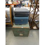 Green painted cabin trunk, plus 2 vintage suitcases