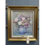 (7) Framed print, still life of vase of flowers, signed D.U.F.