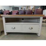 5010 - Large grey painted oak top TV audio unit with shelf and drawer