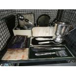 Cage containing a geometry set, boxed fish servers, silver plated trophy, plus boxed cutlery sets