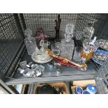 Cage containing silver plated napkin rings, cruet set, glass basket, decanters, jug and tumblers