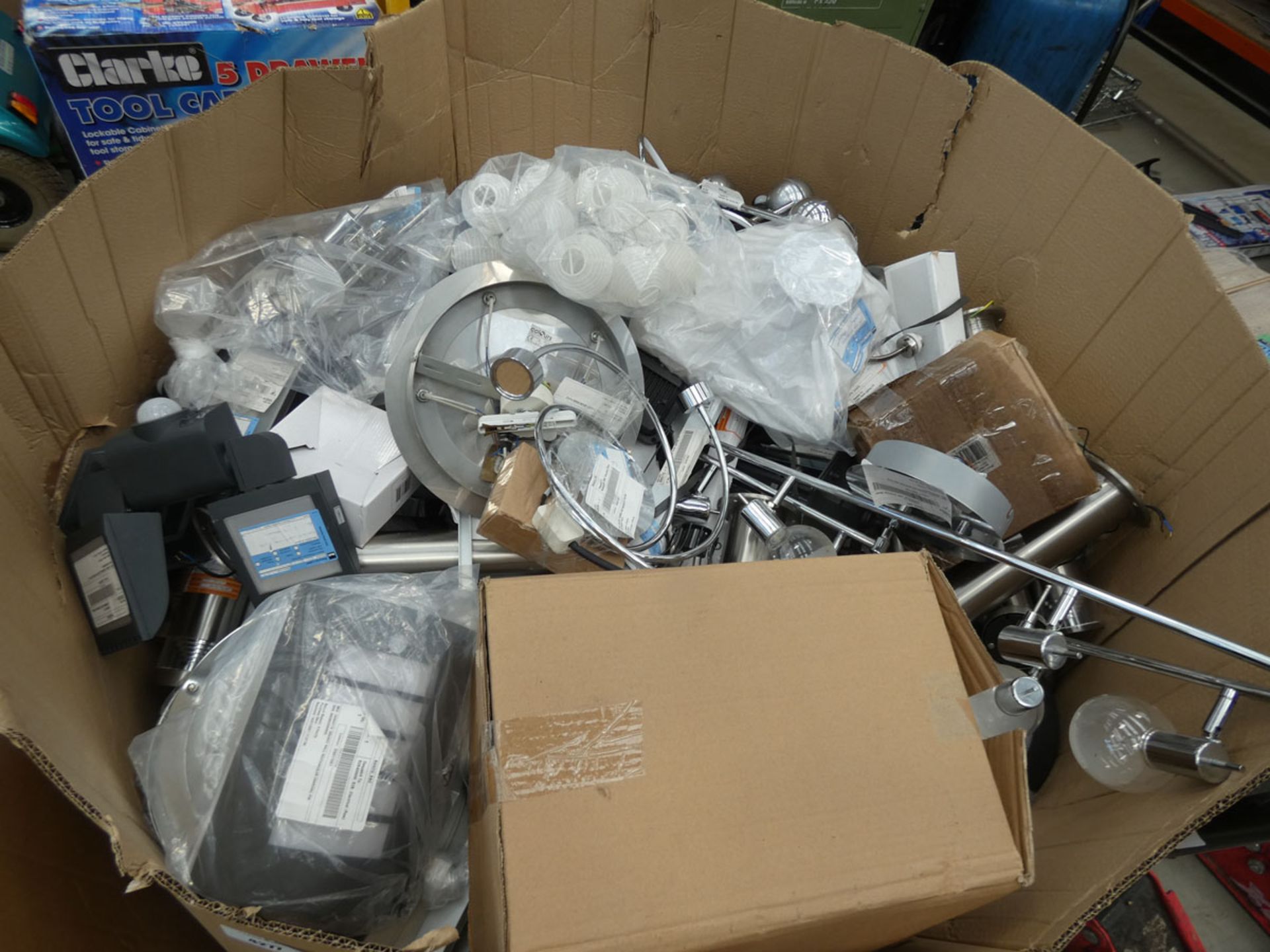 Large pallet box of assorted lights incl. wall lights, ceiling lights, party lights etc.
