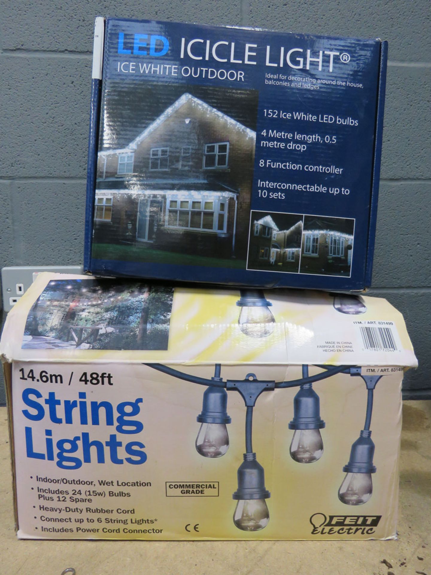 Box of string lights and LED icicle lights