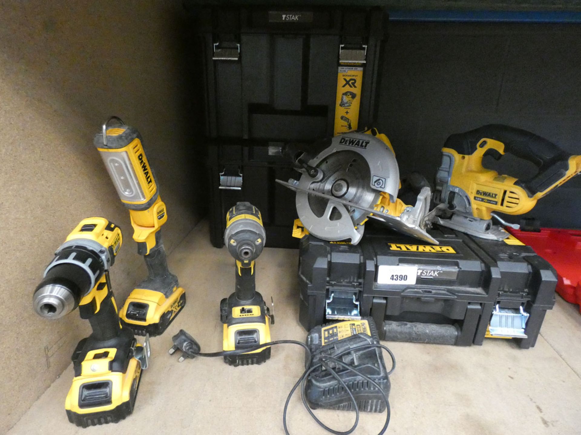 Dewalt tool kit consisting of drill, impact driver, torch, circular saw, jigsaw, 3 batteries and