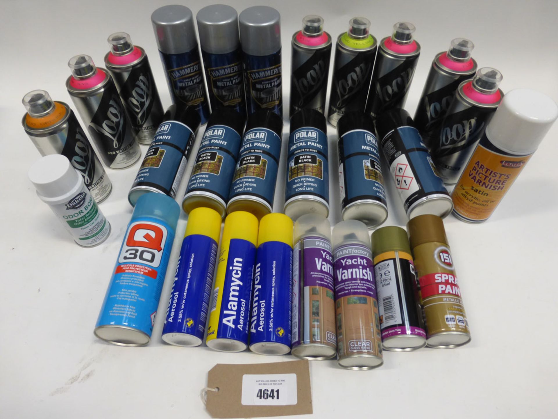 Bag containing various spray paints, to include: satin black, yacht varnish, pro-writing fluorescent