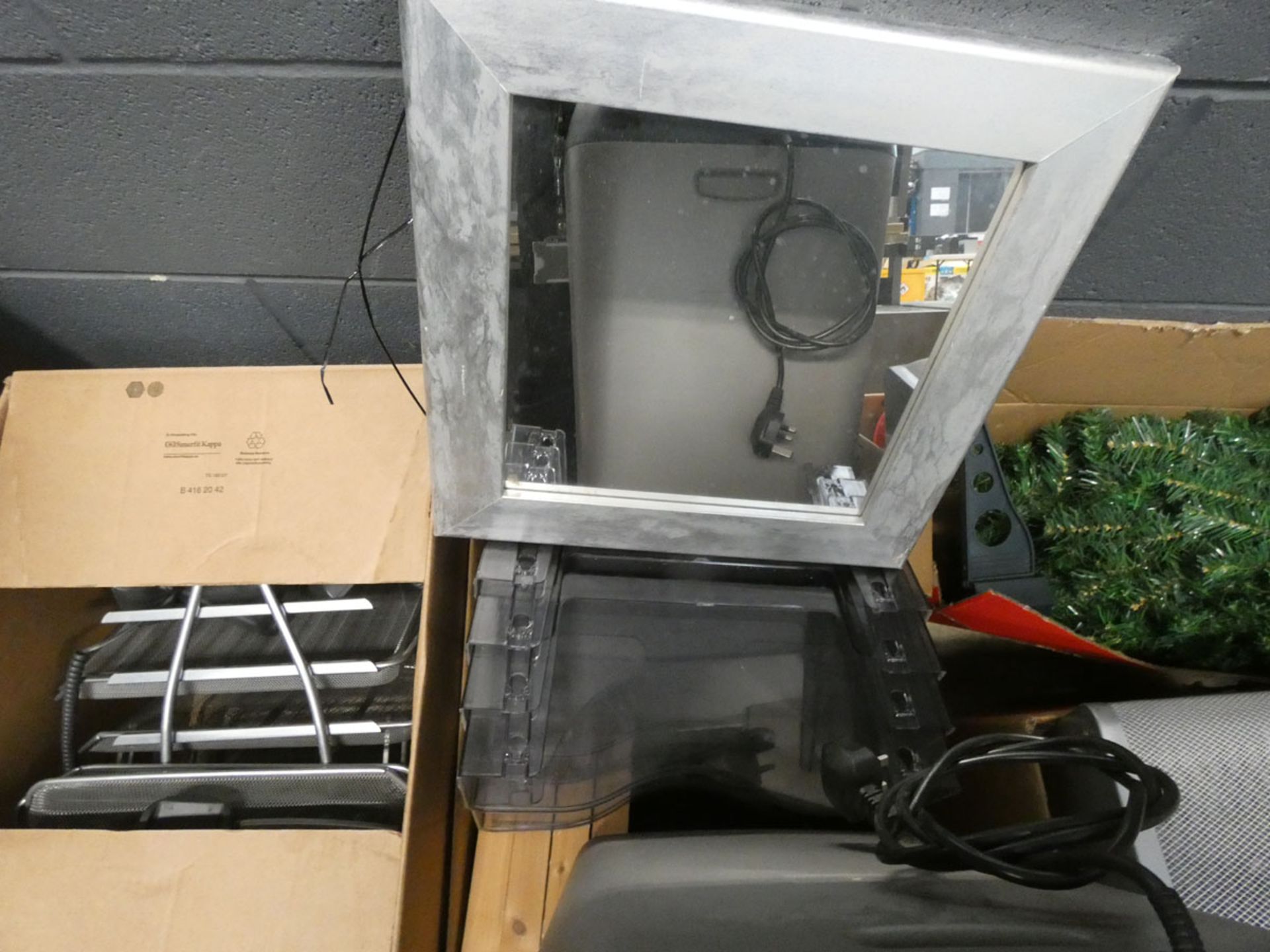 Assorted items to include paper shredder, file tray, Christmas tree, waste bins, and mirror - Image 5 of 5