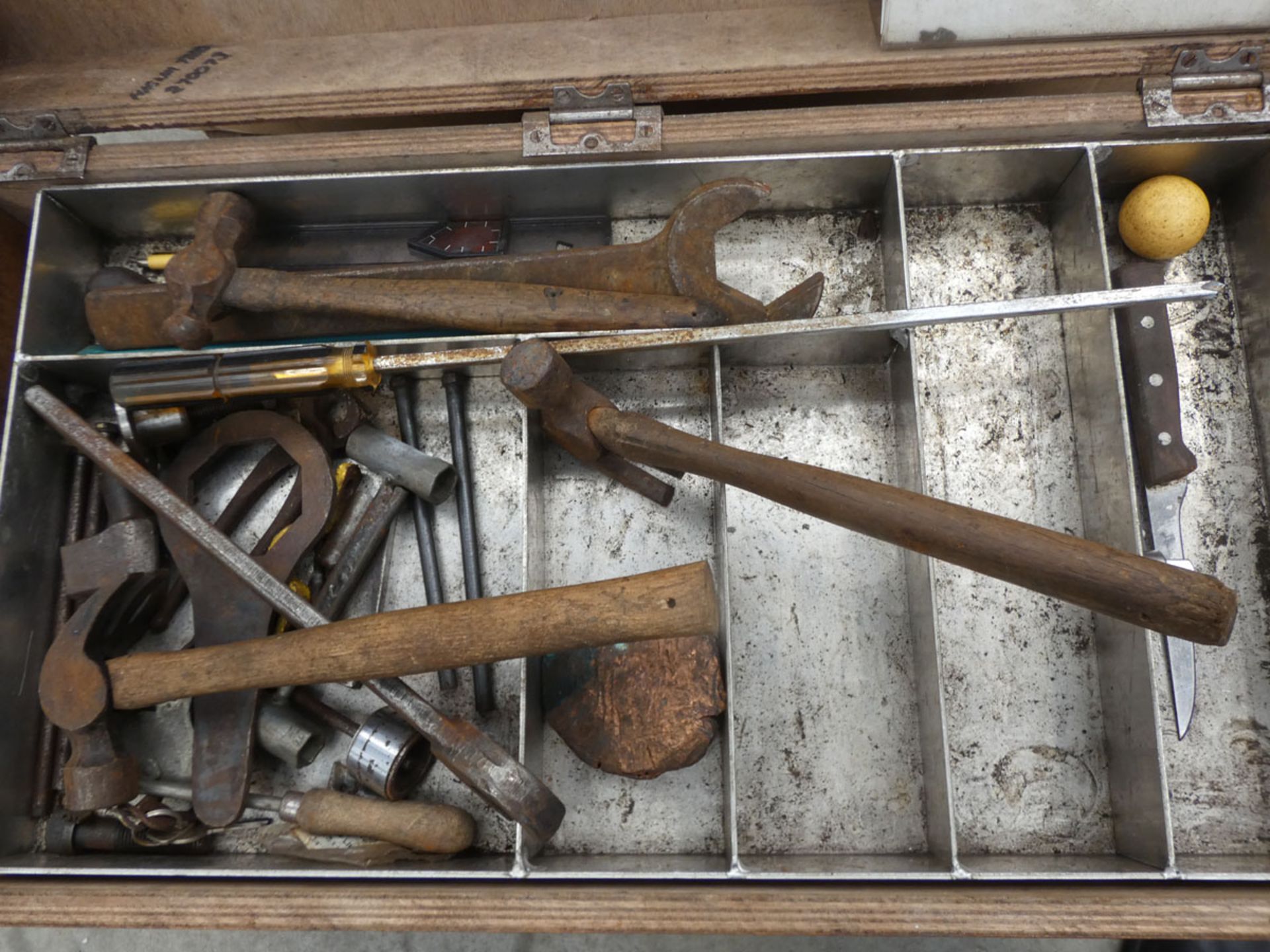 Wooden box containing large heavy duty spanners, hammers, screwdrivers, and various other tools - Image 2 of 4