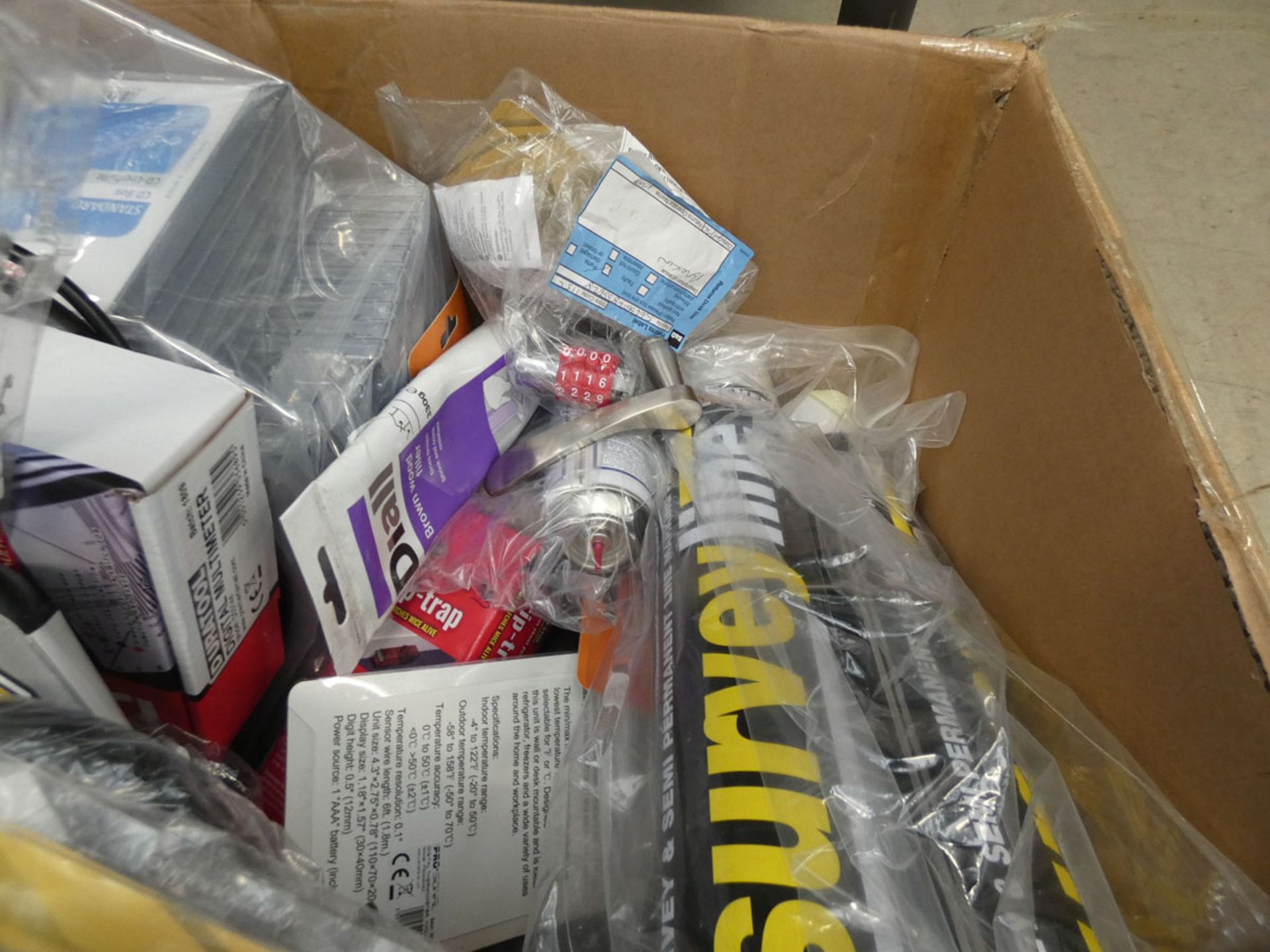 Box containing various items to include locks, screw boxes, bike pump, waterproof kits, door bars, - Image 2 of 3