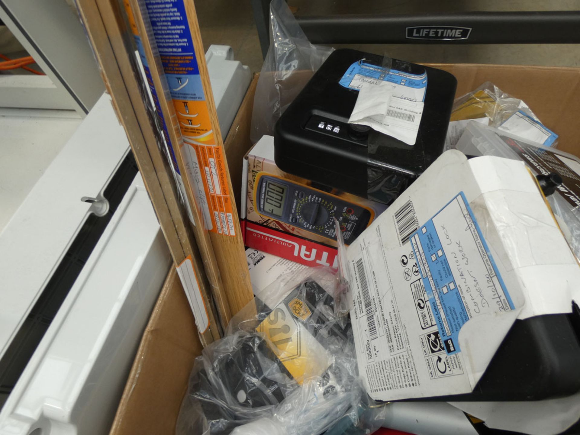 Box containing various items to include locks, screw boxes, bike pump, waterproof kits, door bars, - Image 3 of 3