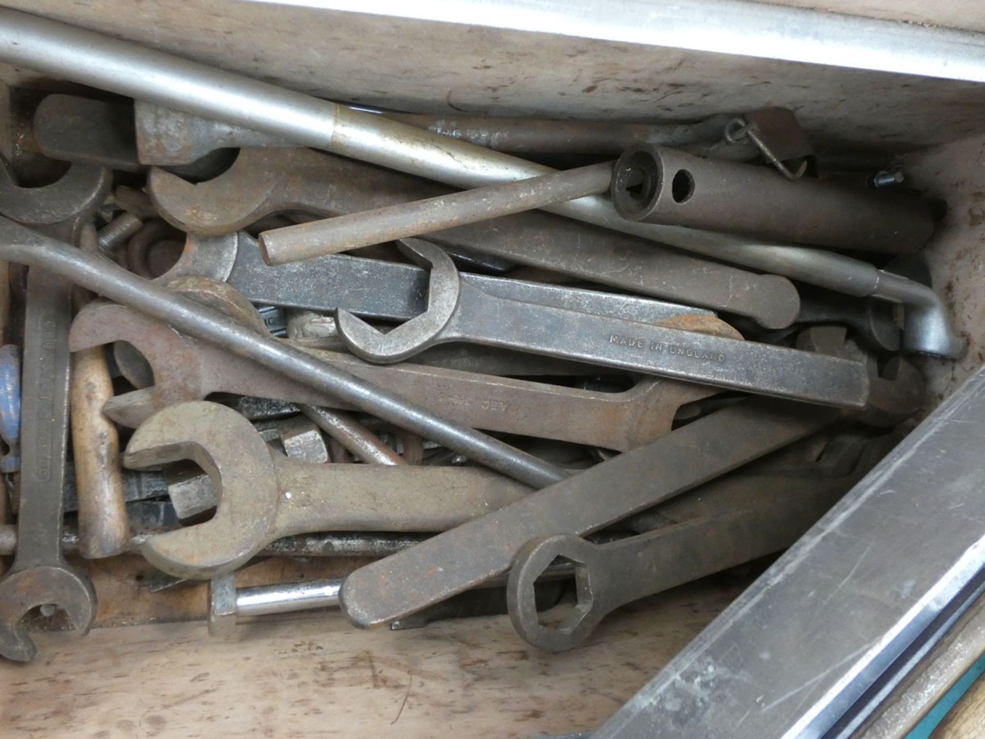 Wooden box containing large heavy duty spanners, hammers, screwdrivers, and various other tools - Image 3 of 4